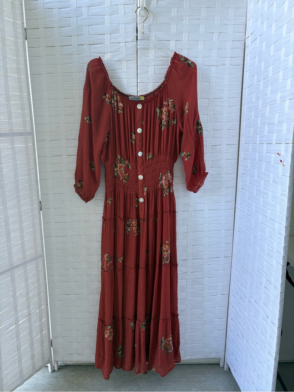 Fig & Flower Anthropology Rust Embroidered Floral Button-Front Tier Maxi Dress